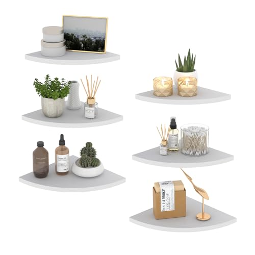 HORLIMER Floating Corner Shelf Wall Mount, Set of 6 Rustic Wood Corner Wall Shelves for Bedroom, Living Room, Bathroom, Kitchen (White) - color: White - 6 Pack, size: Fan-Shaped