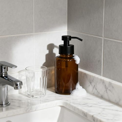 15 oz Amber Glass Foam soap Dispenser with Black Rust-Proof Foam Pump, refillable Thick Glass Foam soap Dispenser for Kitchen and Bathroom (1, 15 oz) - size: 15 oz