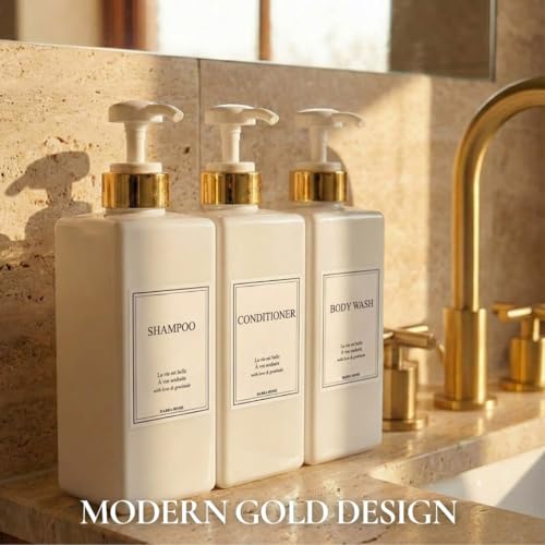 Modern Gold Design Shampoo and Conditioner Dispenser - Large 27oz Shower Soap Dispenser, Set of 3 Refillable Empty Plastic Pump Bottles for Bathroom and Body Wash (6 Waterproof Labels Included), White - color: White