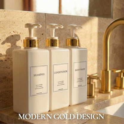 Modern Gold Design Shampoo and Conditioner Dispenser - Large 27oz Shower Soap Dispenser, Set of 3 Refillable Empty Plastic Pump Bottles for Bathroom and Body Wash (6 Waterproof Labels Included), White - color: White