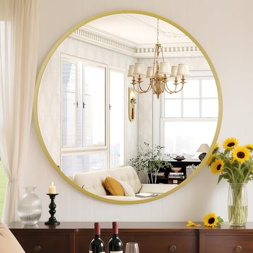 Sweetcrispy 24 Inch Round Wall Mirror with Tempered Glass, Bathroom Mirror Over Sink, Anti-Fog & Waterproof Round Mirrors for Bathroom, Entryway, Bedroom, Shatterproof Design, Gold - color: Metal-gold, size: 24"L x 24"W, style: Round