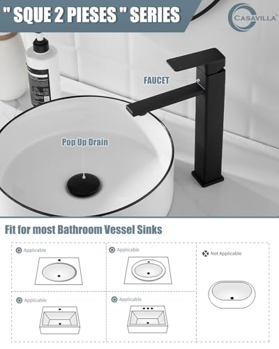 Bathroom Faucets, Matte Black Bathroom Faucet with Pop-up Drain and 2 Supply Hoses, Single Hole High Barrel Vanity Faucet for Vessel Sink, Single Handle Stainless Steel RV Faucet - color: 1.Matte Black, style: Tall