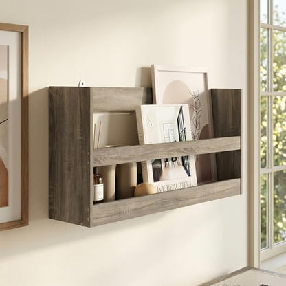 Rectangular Wall Shelf with Guard Rail, Wall Mounted Shelves, Floating Shelf, Floating Shelves for Wall, for Home Office, Bedroom, Bathroom, Living Room, French Oak - color: French Oak