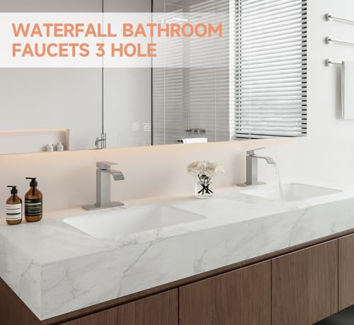 Brushed Nickel Bathroom Faucets Evolvegoods Modern Waterfall Faucet | Single Handle 1 or 3 Hole Bathroom Sink Faucet RV Mixer Tap Vanity Faucet with Deck Plate Pop-up Drain and Supply Lines - color: Brushed Nickel