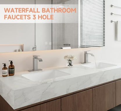 Brushed Nickel Bathroom Faucets Evolvegoods Modern Waterfall Faucet | Single Handle 1 or 3 Hole Bathroom Sink Faucet RV Mixer Tap Vanity Faucet with Deck Plate Pop-up Drain and Supply Lines - color: Brushed Nickel