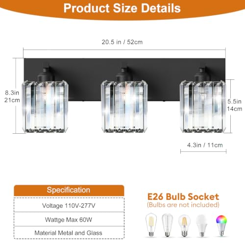 Black Crystal Bathroom Vanity Light, 3-Light Modern Bathroom Lighting Fixtures Over Mirror, Matte Black Wall Sconce Light Fixtures with Square Shade - color: Black-Square Shade, size: 3-LIGHT