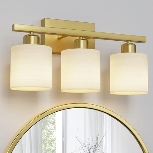 Bathroom Light Fixtures, Bathroom Lighting Fixtures Over Mirror, Interior Classic Vanity Lights, Modern Vanity Light with Textured White Glass Shade, Brushed Gold, 3-Light - color: ‎Brushed Gold, size: 3-Light
