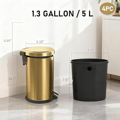 SIMPLYKLEEN Bathroom Trash Can with Lid - 4PC 1.3 Gallon/ 5L Oval Small Trash Can with Soft-Close Lid, Foot Pedal, Brushed Stainless Steel, Removable Liner, Garbage can for Kitchen, Office, Home Gold - color: Gold, size: 5L Oval 4PC