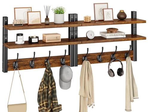 Double Shelf Coat Rack Wall Mount with 8 Hooks, Rustic Brown HWS009H-2 | Wooden Coat Hanger Key Holder Wall Mount for Coats Hats Keys - Wood Wall Mounted Coat Rack with Shelf for Entryway & Bathroom - color: Rustic Brown