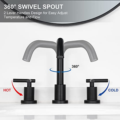 Black Bathroom Faucet 3 Holes - Two Handles Widespread 8 inch Bathroom Sink Faucet 3 Pieces Basin Faucets 360 Degree Swivel Spout Vanity Sink Faucet with Drain & Supply Hoses - color: Matte Black