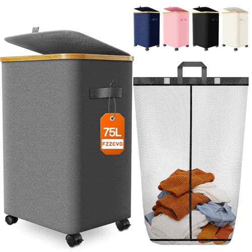 Laundry Hamper with Wheels, 75L Large Clothes Hamper with Removable Inner Bag, Collapsible Dirty Clothes Basket for Dorm, Rolling Dirty Clothes Basket for, Bedroom, Bathroom, Laundry Room - color: Gray, size: 75L