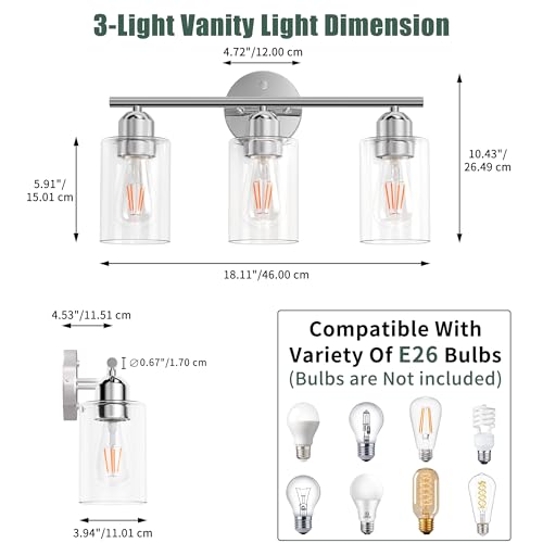 Bathroom Vanity Light Fixtures Polished Chrome Bathroom Lighting Fixture, 3 Lights Bathroom Light Fixture Over Mirror, Modern Black Vanity Light, Wall Sconces with Glass Shades - color: Polished Chrome, size: 3 Lights