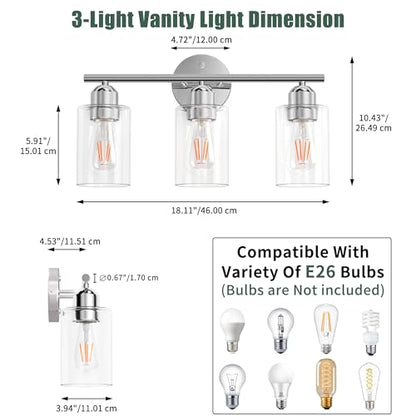Bathroom Vanity Light Fixtures Polished Chrome Bathroom Lighting Fixture, 3 Lights Bathroom Light Fixture Over Mirror, Modern Black Vanity Light, Wall Sconces with Glass Shades - color: Polished Chrome, size: 3 Lights