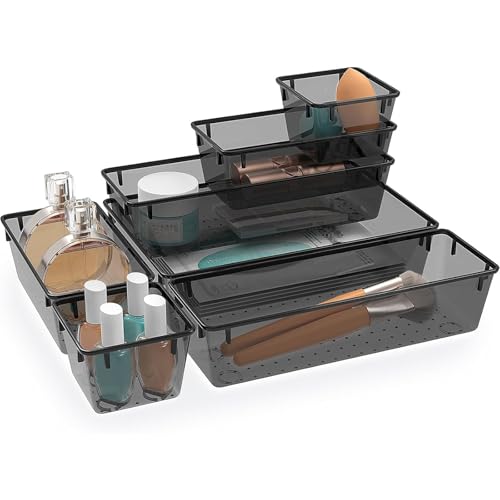7 PCS Plastic Drawer Organizers Set, 4 Size Desk Drawer Organizer Trays | 4 Size Desk Drawer Organizer Trays for Makeup, Jewelry, Kitchen Utensils, Gadgets and Office - color: Black, size: 7 PCS