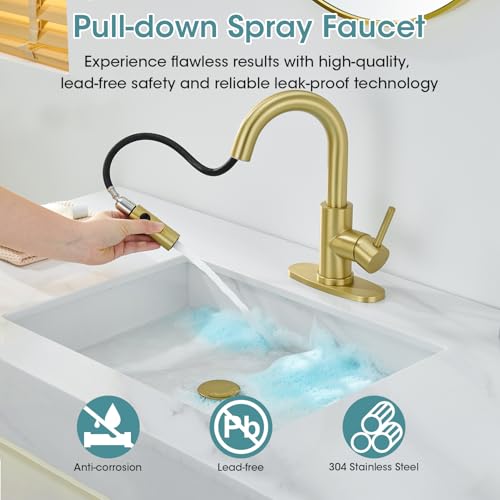 Brushed Gold Bathroom Faucet with Pull Down Sprayer, 2 Flow Mode | Modern Stainless Steel Bathroom Sink Faucet with Pop-up Drain and Hoses, RV & Outdoor Basins, for 1 or 3 Hole - color: Brush Gold
