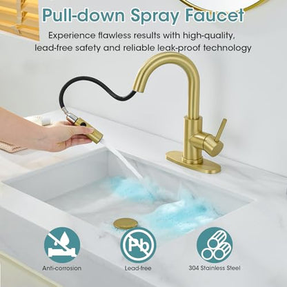 Brushed Gold Bathroom Faucet with Pull Down Sprayer, 2 Flow Mode | Modern Stainless Steel Bathroom Sink Faucet with Pop-up Drain and Hoses, RV & Outdoor Basins, for 1 or 3 Hole - color: Brush Gold