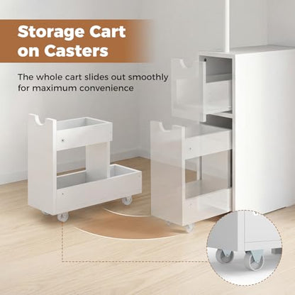 Tangkula Slim Bathroom Storage Cabinet, Small Corner Floor Cabinet with Open Shelves, Slide-Out Drawers, Bathroom Organizer, Narrow Toilet Paper Holder for Restroom, Living Room, Small Spaces, White