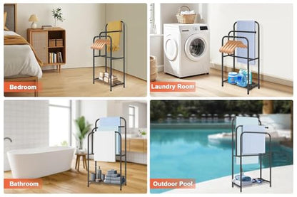 Towel Racks for Bathroom, 35" H Standing Towel Holder 3 Tier Metal Pool Towel Hanger Outdoor Floor with Storage Shelves for Blanket Bath Towel Drying (Matte Black)