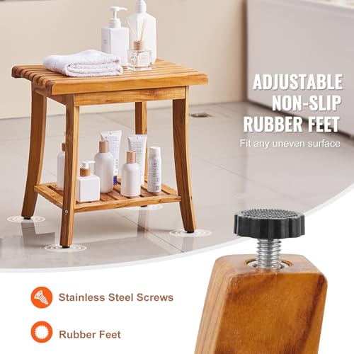 VEVOR Teak Shower Bench, 20in Waterproof Wood Shower Stool with Storage Shelf Non-Slip Foot Pads, 400 lbs Load Capacity Shower Chair Seat, for Bathroom Indoor and Outdoor Use - size: 20in
