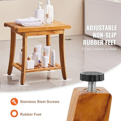 VEVOR Teak Shower Bench, 20in Waterproof Wood Shower Stool with Storage Shelf Non-Slip Foot Pads, 400 lbs Load Capacity Shower Chair Seat, for Bathroom Indoor and Outdoor Use - size: 20in