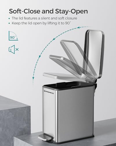 SONGMICS Bathroom Trash Can and Toilet Brush Set, 1.3 Gallon Small Trash Bin with Lid, Slim for Small Spaces, Stainless Steel Garbage Can, Soft Close, Silver ULTB560E0501 - color: Silver, style: 1.3 Gal. with Toilet Brush Set