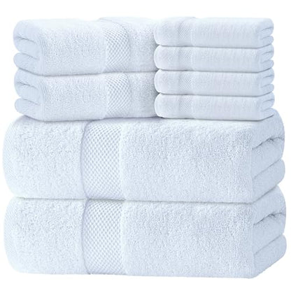 Luxury White Bath Towel Set of 8 Pieces - 100% Turkish Cotton 700 GSM Highly Absorbent Towels for Bathroom, 2 Bath Towels, 2 Hand Towels, 4 Washcloths - color: 01: White