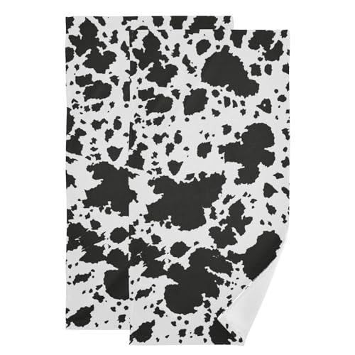 Black and White Cow Print Hand Towels for Bathroom Set of 2 Soft Absorbent Western Cowhide Animal Cow Stuff Kitchen Dish Towels Decorative Guest Bathroom Towels for Bath,Face,Hair 14"x28" - color: Black White