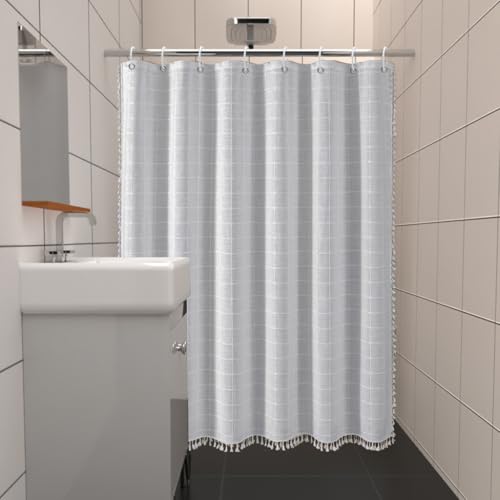 White Striped Farmhouse Shower Curtain Boho Plaid Fabric Shower Curtains for Bathroom, Country Heavy Duty Thick Bathroom Curtain Set with Tassel - Bohemian Cloth Shower Curtain with Hooks 59x71 Inch - color: White, size: 59"W x 71"L (Pack of 1)