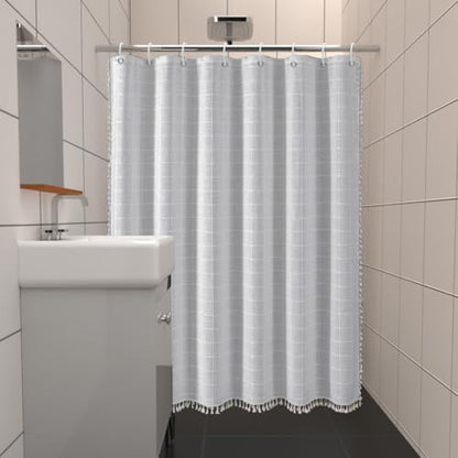 White Striped Farmhouse Shower Curtain Boho Plaid Fabric Shower Curtains for Bathroom, Country Heavy Duty Thick Bathroom Curtain Set with Tassel - Bohemian Cloth Shower Curtain with Hooks 59x71 Inch - color: White, size: 59"W x 71"L (Pack of 1)