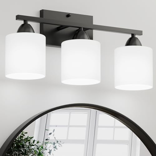 Black Bathroom Lights Over Mirror, Anti-rust Vanity Light Fixture for Bathroom, Modern 3-Light Wall Sconce Light for Living Room, Standard E26 Base, Milky White Glass Shades, Bulbs Not Included - color: Black-3Light