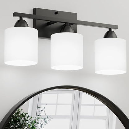 Black Bathroom Lights Over Mirror, Anti-rust Vanity Light Fixture for Bathroom, Modern 3-Light Wall Sconce Light for Living Room, Standard E26 Base, Milky White Glass Shades, Bulbs Not Included - color: Black-3Light