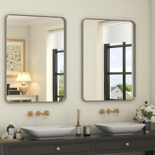 2 Pack of 22x30 Inch Silver Brushed Nickel Bathroom Mirror for Wall | Silver Metal Framed Vanity Mirror, Rounded Rectangle, Anti-Rust, Shatterproof, Hangs Horizontally or Vertically - color: Silver, size: 22x30(2Pack)