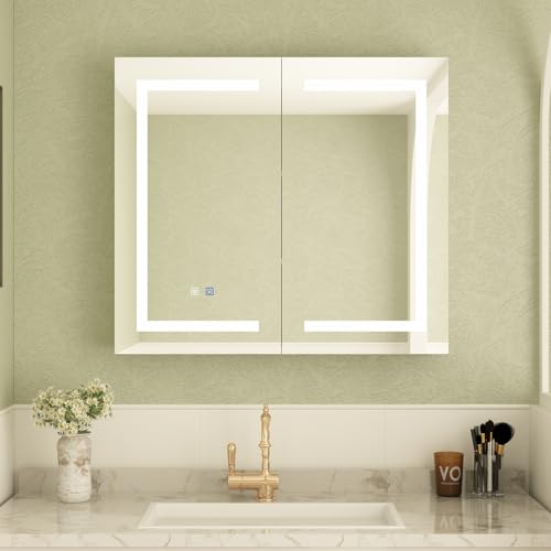 MOUMON Medicine Cabinet with LED Lighted Mirror, Anti-Fog, Wall-Mounted Bathroom Cabinet with Storage Shelves, Adjustable Lights, 2 Doors, White, 5.1”D x 35.4”W x 31.5”H