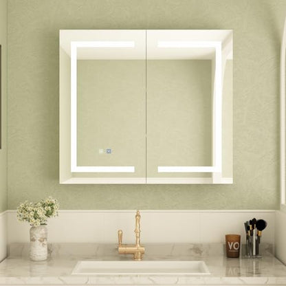 MOUMON Medicine Cabinet with LED Lighted Mirror, Anti-Fog, Wall-Mounted Bathroom Cabinet with Storage Shelves, Adjustable Lights, 2 Doors, White, 5.1”D x 35.4”W x 31.5”H