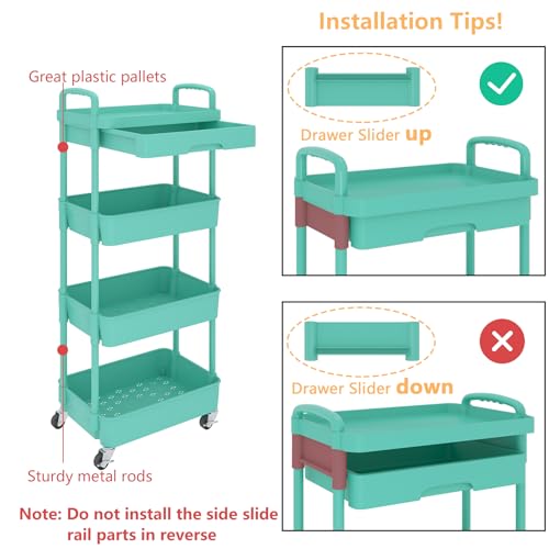 Calmootey 4-Tier Rolling Utility Cart with Drawer,Multifunctional Storage Organizer with Plastic Shelf & Metal Wheel,Storage Cart for Kitchen,Bathroom,Living Room,Office,Green | Space-Saving Organizer, Sturdy Plastic Shelves, Smooth-Rolling Metal Wheels,