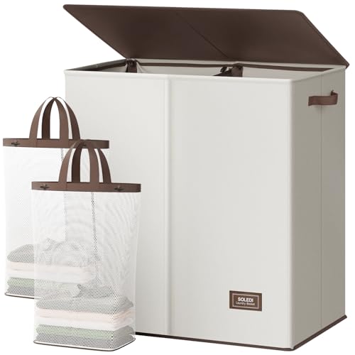 SOLEDI Large Double Laundry Hamper with Lid,165L Collapsible Clothes Hamper 2 section with Removable Bags, Space-Saving Laundry Basket for Bedroom, Dorm, College - color: Off White, size: 165l