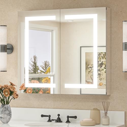 TETOTE LED Lighted Medicine Cabinet with Lights 30 x 26 Recessed or Surface Mount Cabinet Mirror for Bathroom Wall, 2 Door Tempered Glass Led Vanity Cabinet, Outlets & USB, 3-Color Dimming, Anti-Fog - size: 30x26