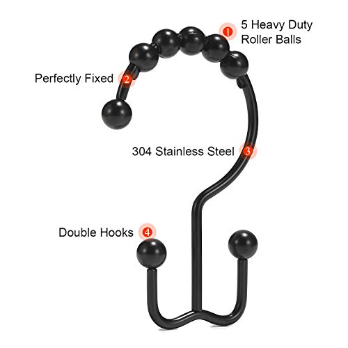 Shower Curtain Hooks, Goowin Shower Curtain Rings, Stainless Steel Black Shower Curtain Hooks, Shower Curtain Rings Rust Proof, Free Sliding Double Shower Hooks for Shower Curtain & Liners (Black) - color: Black