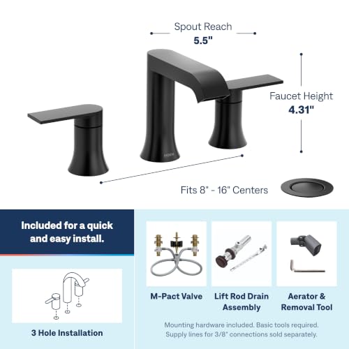 Moen Genta LX Two-Handle High Arc Widespread Bathroom Sink Faucet, for 3-Hole Setups, Valve Included, Matte Black, TV6708BL - color: Matte Black