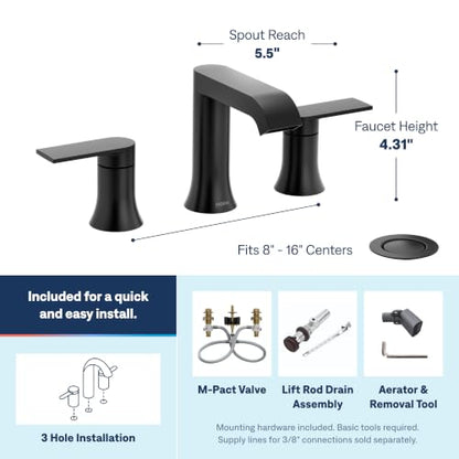 Moen Genta LX Two-Handle High Arc Widespread Bathroom Sink Faucet, for 3-Hole Setups, Valve Included, Matte Black, TV6708BL - color: Matte Black