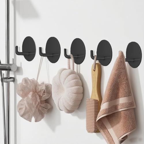 5 Pcs Adhesive Hooks Waterproof in Shower Hooks for Hanging Loofah, Towels, Clothes, Robes for Bathroom(Black Circular) - color: Black Circular