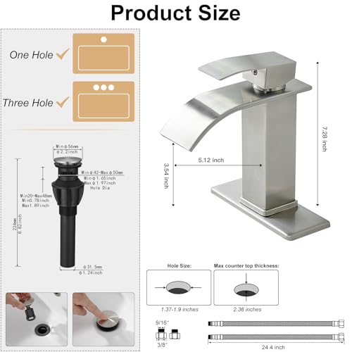 Bathroom Sink Faucet Waterfall Single Handle with Deck Plate | Brushed Nickel,Pop Up Drain,Single Hole,Precise Water Adjustment,Rust-resistant Construction,Easy to Clean,Long-lasting Use - color: Brushed Nickel, size: Modern Bathroom Sink Faucet