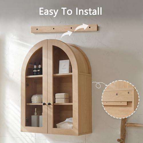 Bathroom Arched Wall Cabinet, 23.5'' Wide Medicine Cabinet, Bathroom Cabinet Wall Mount W/ Glass Doors & Adjustable Shelves, Over The Toilet Storage Cabinet for Laundry Room, Bedroom,Kitchen,Natural - color: Natural