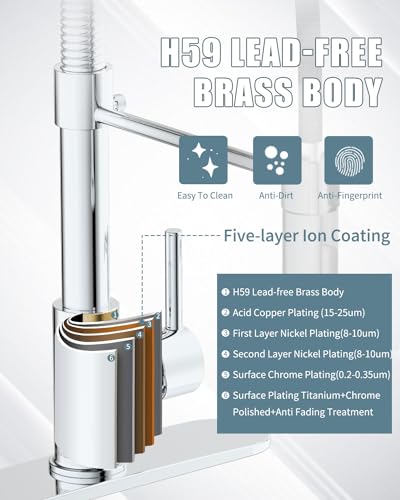 Kitchen Faucet with LED Light, Chrome Faucet with Soap Dispenser, Faucet for Kitchen Sink, Single Handle Stainless Steel Kitchen Sink Faucets with Pull Down Sprayer, Camper Farmhouse RV - color: E-Chrome Polished, style: Rustic