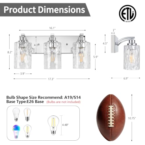 3-Light Bathroom Light Fixtures Modern Chrome Vanity Lights | Easy to Install Clear Hammered Glass Shades, Rippled Glow, Wall Mount Up or Down, E26 Socket, Hardwired, 120V - color: Chrome Hammer, size: 3 Lights