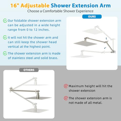 All-Metal 16" Shower Head Extension Arm, G1/2" Universal, Brushed Nickel | Flexible Brass Shower Head Extender Adjustable Height/Angle, Stainless Steel Rain Shower Pipe Height Extended with Lock Joint - color: Brushed Nickel, size: 16 Inch