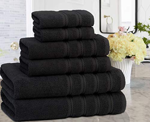 American Soft Linen 100% Carde Cotton 6 Piece Towel Set, 590 GSM Heavy Weight Soft Absorbent Turkish Towels for Bathroom, Coal Black - color: Jet Black