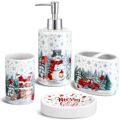 4 Pcs Christmas Ceramic Bathroom Accessories Gifts Xmas Bath Tumbler Xmas Tree Soap Dispenser Toothbrush Holder Soap Tray Merry Christmas Bathroom Decorations(Snowman) - style: Snowman