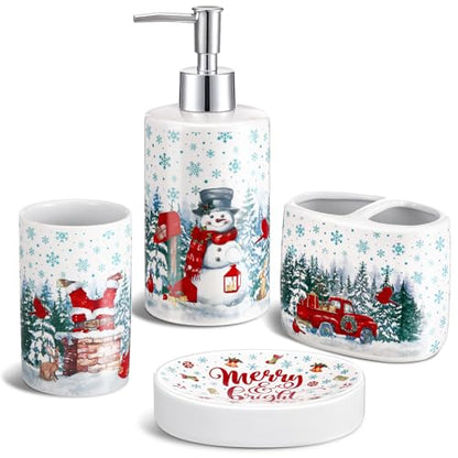 4 Pcs Christmas Ceramic Bathroom Accessories Gifts Xmas Bath Tumbler Xmas Tree Soap Dispenser Toothbrush Holder Soap Tray Merry Christmas Bathroom Decorations(Snowman) - style: Snowman