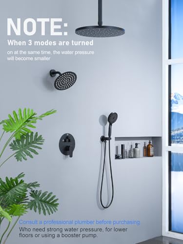 Woindo Shower Faucet Set 10" Rain Shower Head/8'' Side Shower Head and 3 Setting Handheld Ceiling Mount 3 Push Button Diverter Complete Rainfall Round Shower System Included Valve Trim Kit - color: Matte Black, style: 10"-R-Ceiling-02